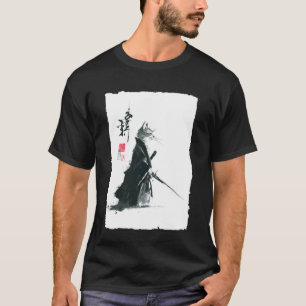 T-shirt Chat tigré samouraï peinture à l'encre japonaise S