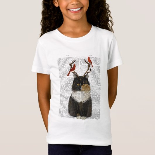 T-Shirt Chat Tortoiseshell avec Antlers et Red Birds (Devant)