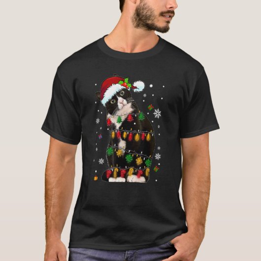 T-shirt Chat Tuxedo avec lumière de Noël (Devant)