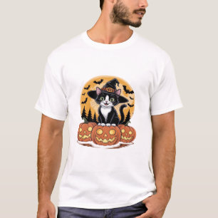 T-shirt Chat Tuxedo Halloween Sorcière Citrouilles Mignonn