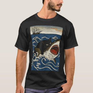 T-shirt Chat Ukiyo-E montant un requin Rétro Chat noir Req