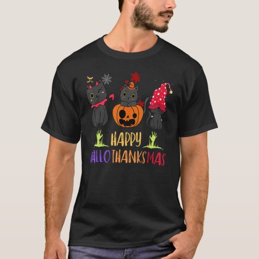 T-shirt Chat Vampire de la fête d'Hallothanksmas avec chap (Devant)