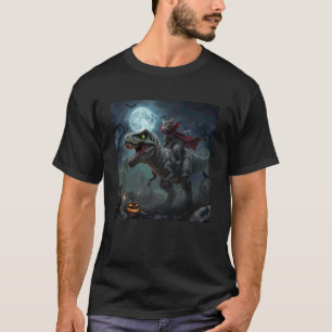 T-shirt Chat Vampire Drôle à Cheval sur un T-Rex Halloween