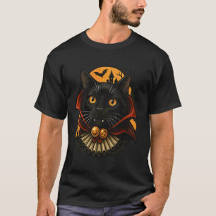 T-shirt Chat Vampire Noir d'Halloween Chauves-souris Plein