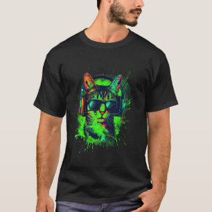 T-shirt chat vert DJ avec casque et lunettes de soleil Kit
