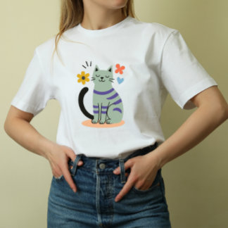 T-shirt Chat Vert Sauge Bohème Floral Art Milieu de Siècle