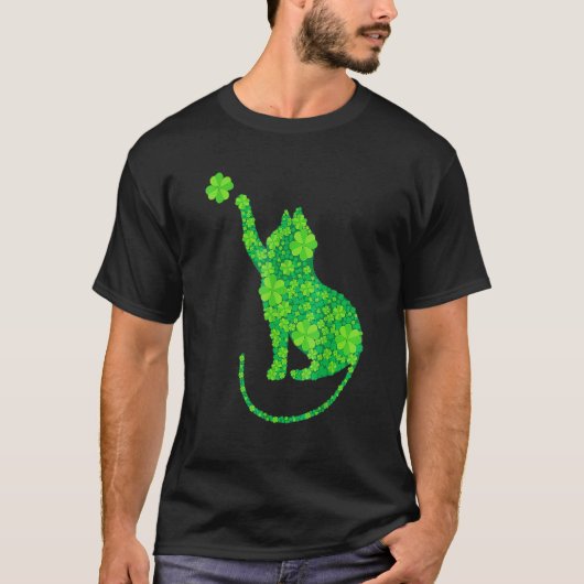 T-shirt Chat vert silhouette Trèfles Saint-Patrick (Devant)