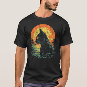 T-shirt Chat Vintage noir Halloween Sunset Chat graphique