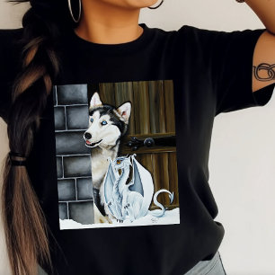 T-shirt Château Dragon Fantaisiste de Chien Husky d'Hiver
