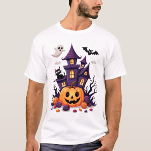 T-shirt Château hanté mignon d'Halloween avec citrouille e