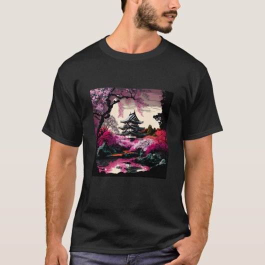 T-shirt Château japonais dans une forêt de cerisiers fleur (Devant)
