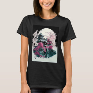 T-shirt Château japonais en fleurs de cerisier avec lune e