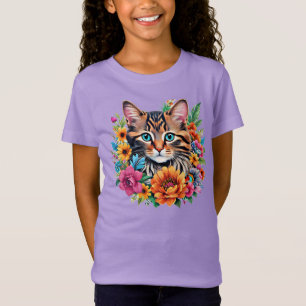 T-Shirt Chaton dans une guirlande florale colorée
