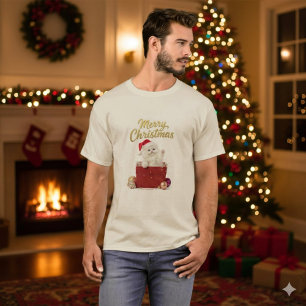 T-Shirt Chaton de Noël Fluffy Chapeau de Père Noël