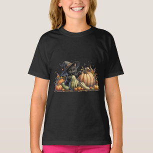 T-shirt Chaton de sorcière noire Halloween W/ Gourds Citro