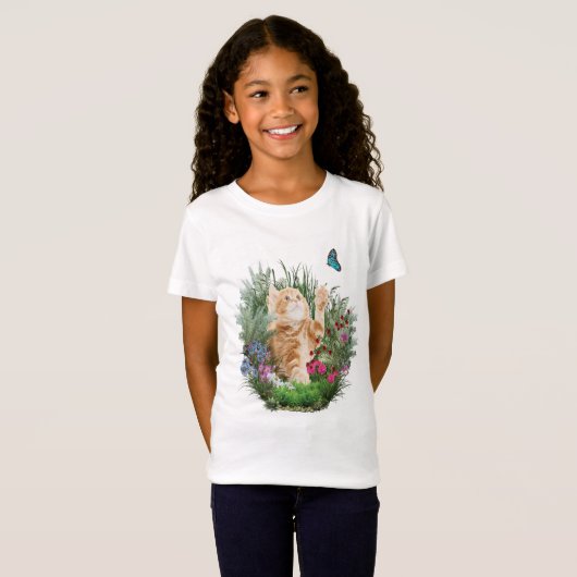 T-Shirt Chaton gingembre jouant avec un papillon (Devant entier)
