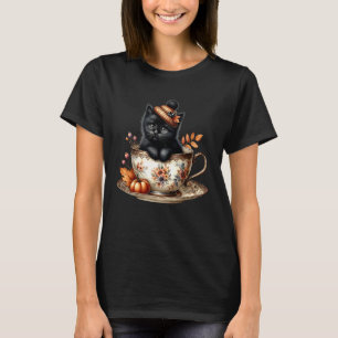 T-shirt Chaton noir dans une tasse à café florale Mignon A