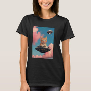 T-shirt Chaton roux drôle UFO dans un ciel nocturne étoilé