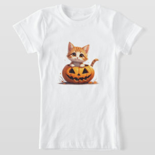 T-Shirt Chaton Sourire Dans Un Champ De Citrouilles Hallow