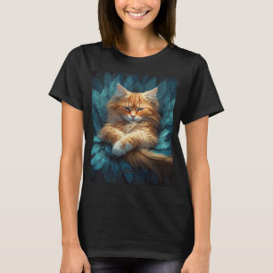 T-shirt Chaton Tabby Orange en Lit de Plumes Bleues