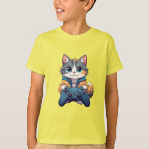 T-shirt Chaton tenant une manette de jeu souriant - Chat j