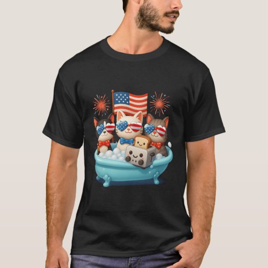 T-shirt Chats Dans La Baignoire Anime American Flag USA Pa (Devant)