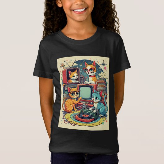 T-Shirt Chats du milieu du siècle avec disques rétro et TV (Devant)