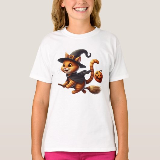T-shirt Chats en sorcière d'Halloween à cheval Citrouille (Devant)