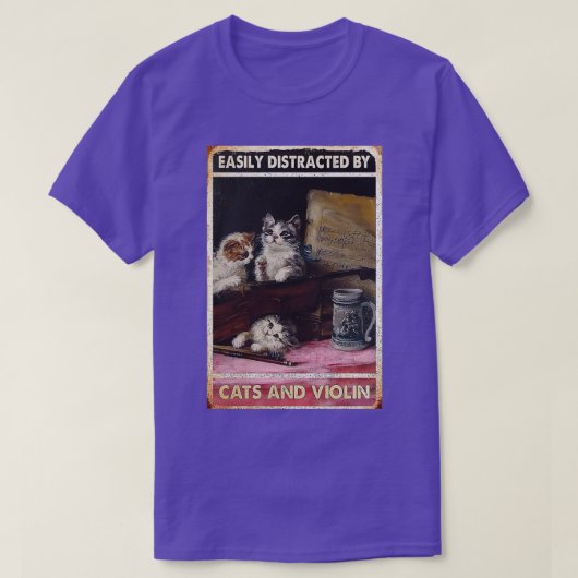 T-shirt Chats et violon Facilement distrait par les chats (Design devant)
