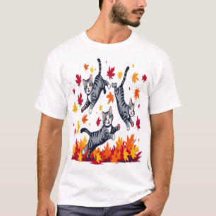 T-shirt Chats Jouant dans les Feuilles d'Automne