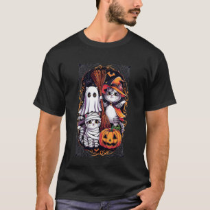 T-shirt Chats mignons d'Halloween Trio Fantôme Sorcière Mo