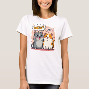 T-shirt Chats mignons Kawaii disant Wow et Salut en bande
