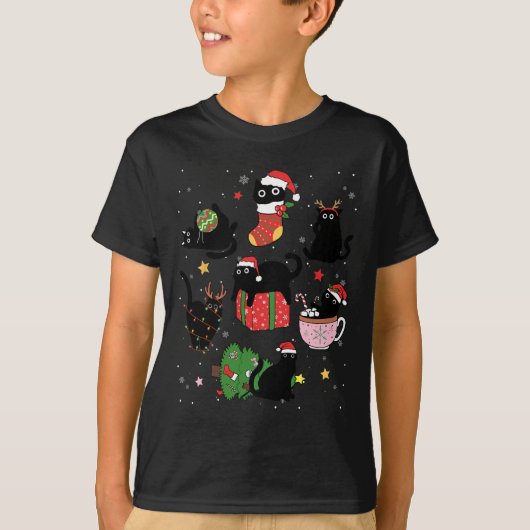 T-shirt Chats noirs amusants Santa Hat sapin de Noël Joyeu (Devant)