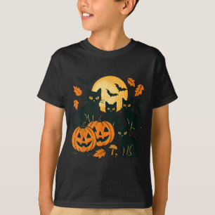 T-shirt Chats noirs avec citrouilles Jack O Lanterns lune