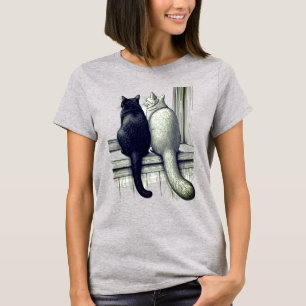T-shirt Chats noirs et blancs à la fenêtre