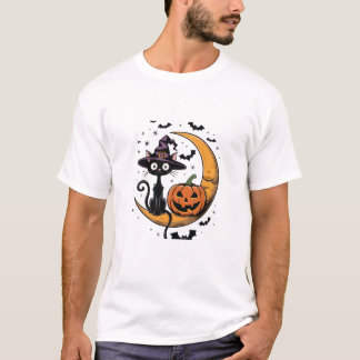 T-shirt Chats noirs sur la lune avec Halloween Citrouille