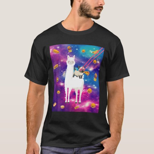 T-shirt Chats Oeil Laser Dans L'Espace Llama Chat Mangeant (Devant)