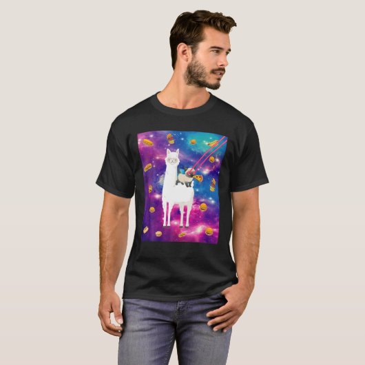 T-shirt Chats Oeil Laser Dans L'Espace Llama Chat Mangeant (Devant entier)
