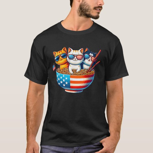 T-shirt Chats Ramen Anime Drapeau Américain USA Funny 4th  (Devant)
