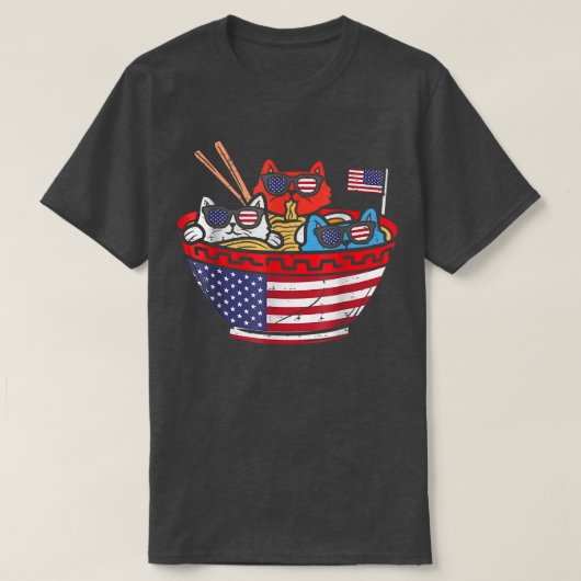 T-shirt Chats Ramen Anime Drapeau Américain USA Funny 4th (Design devant)