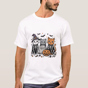 T-shirt Chats squelettes mignons Halloween Gravure vintage