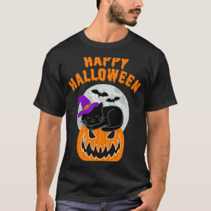 T-shirt Chatte noire mignonne sorcière Halloween Citrouill