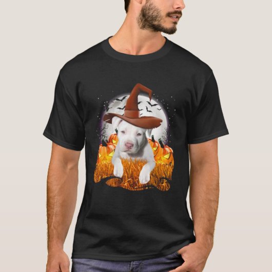 T-shirt Chatte White Pit Bull chien sorcière sur Halloween (Devant)