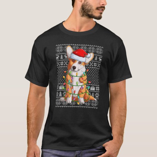 T-shirt Chaud moche style Xmas Lumières Père Noël Corgi Ch (Devant)
