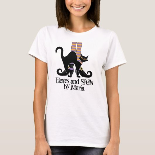 T-shirt Chaussures en sorcière blanche Halloween Chat noir (Devant)