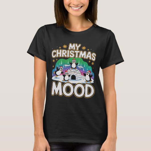 T-shirt Cheerful Black Festive Penguin Igloo Christmas (Devant)