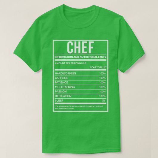 T-shirt Chef Funny Cuisine Étiquette de la nutrition (Design devant)