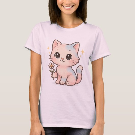T-shirt Chemise à fleur de chat Kawaii Pastel Cute Kitty T (Devant)