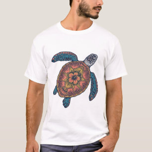 T-shirt Chemise Blanche avec Art de Fleur de Tortue de Mer