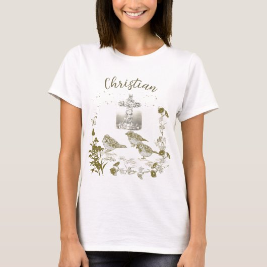 T-shirt Chemise chrétienne Croix florale avec oiseaux et f (Devant)